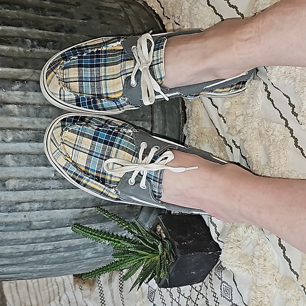 Dexter Blue Gray Yellow Plaid Boat Canvas Deck Shoe Women 10W Summer Slip On EUC